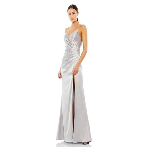 FLAWED - NWT Mac Duggal Satin Sleeveless Faux Wrap Ruched Gown Platinum 2 #8555 - Picture 1 of 11
